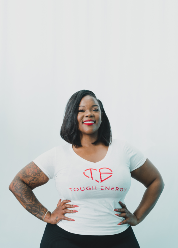 White and Red Women’s V-Neck Tough Energy T-Shirt